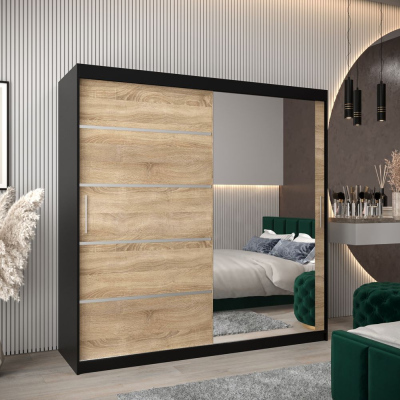 Šatní zrcadlová skříň ADELA - 200 cm, černá / dub sonoma