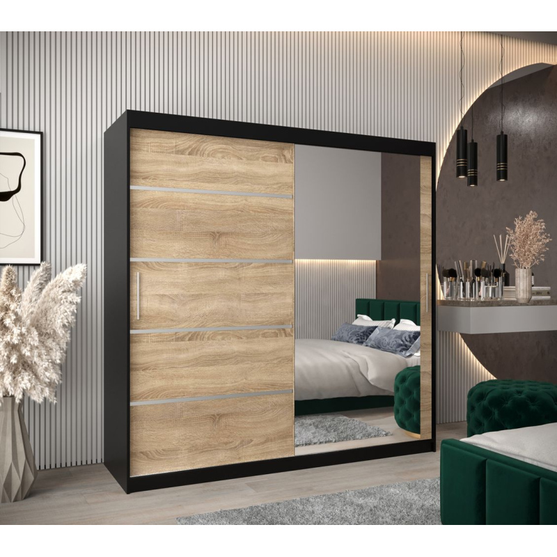 Šatní zrcadlová skříň ADELA - 200 cm, černá / dub sonoma