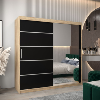 Šatní zrcadlová skříň ADELA - 200 cm, dub sonoma / černá