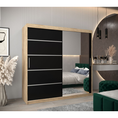 Šatní zrcadlová skříň ADELA - 200 cm, dub sonoma / černá