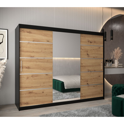 Šatní zrcadlová skříň ADELA - 250 cm, černá / dub artisan