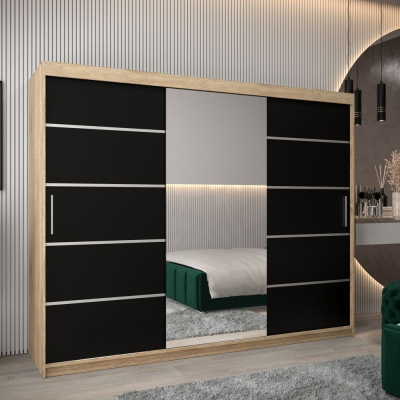 Šatní zrcadlová skříň ADELA - 250 cm, dub sonoma / černá