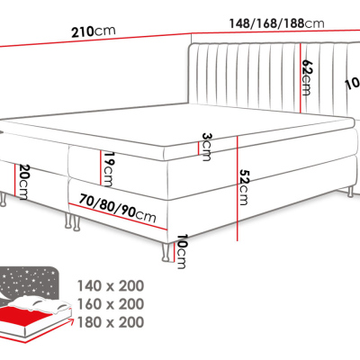 Boxspringová postel 140x200 CANDICE - šedá + topper ZDARMA