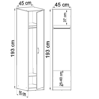 Úzká šatní skříň SIMELA - šířka 45 cm, bílá
