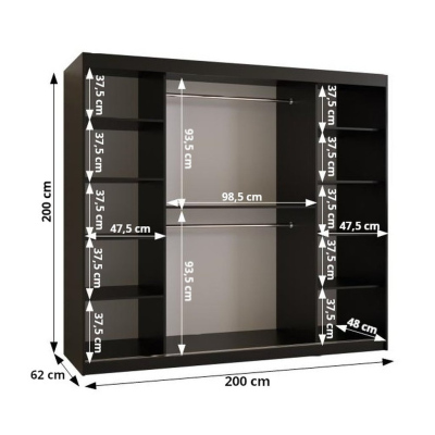 Skříň s posuvnými dveřmi a zrcadlem PAOLA - šířka 200 cm, černá