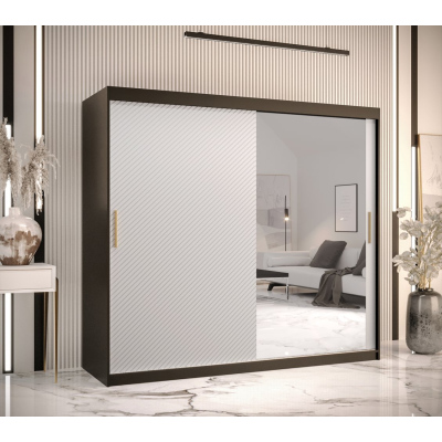 Skříň s posuvnými dveřmi a zrcadlem PAOLA - šířka 200 cm, černá / bílá