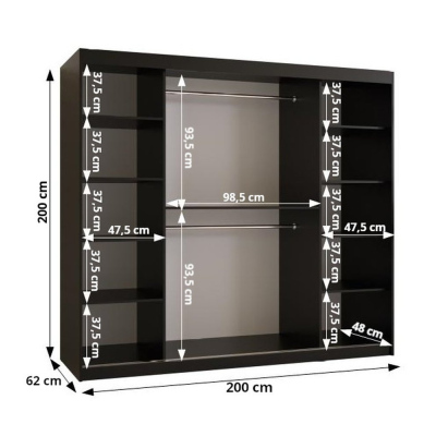 Skříň s posuvnými dveřmi a zrcadlem PAOLA - šířka 200 cm, bílá / černá