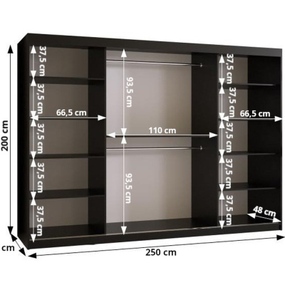 Skříň s posuvnými dveřmi a zrcadlem PAOLA - šířka 250 cm, černá / bílá