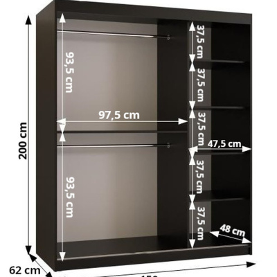 Šatní skříň s posuvnými dveřmi MAYA 1 - šířka 150 cm, dub artisan / černá