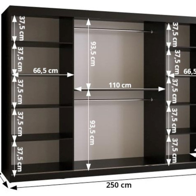 Prostorná šatní skříň MAIA 3 - šířka 250 cm, černá / jasan