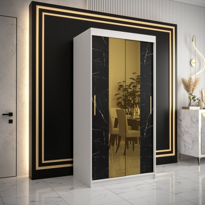 Designová šatní skříň se zlatým zrcadlem MADLA 1 - šířka 100 cm, bílá / černá