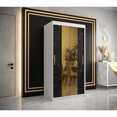 Designová šatní skříň se zlatým zrcadlem MADLA 1 - šířka 100 cm, bílá / černá