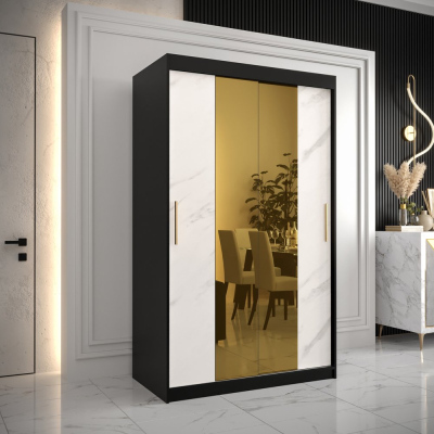 Designová šatní skříň se zlatým zrcadlem MADLA 1 - šířka 120 cm, černá / bílá