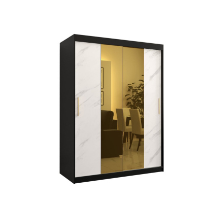 Designová šatní skříň se zlatým zrcadlem MADLA 1 - šířka 150 cm, černá / bílá