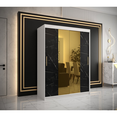 Designová šatní skříň se zlatým zrcadlem MADLA 1 - šířka 150 cm, bílá / černá