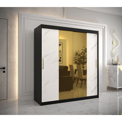 Designová šatní skříň se zlatým zrcadlem MADLA 1 - šířka 180 cm, černá / bílá
