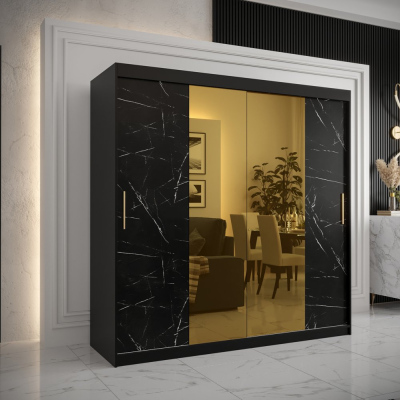Designová šatní skříň se zlatým zrcadlem MADLA 1 - šířka 200 cm, černá