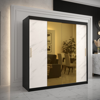 Designová šatní skříň se zlatým zrcadlem MADLA 1 - šířka 200 cm, černá / bílá