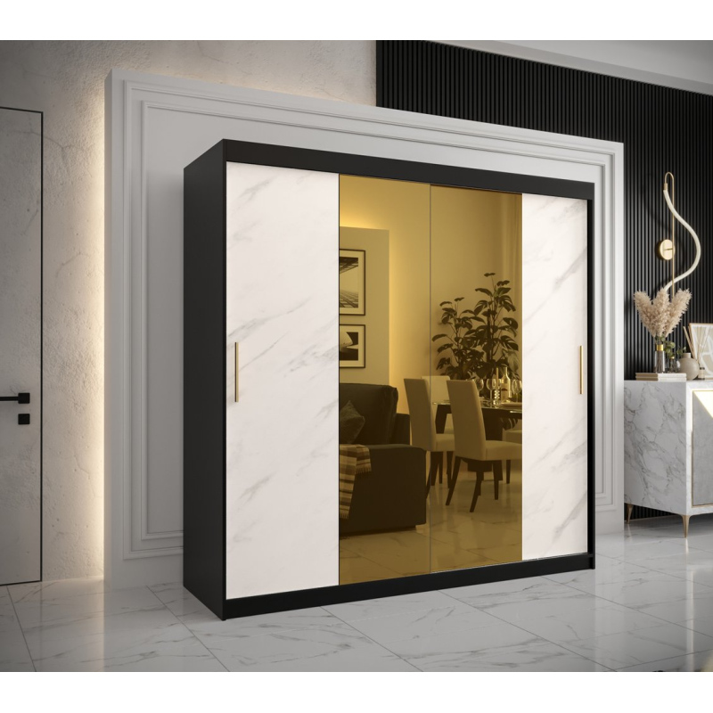 Designová šatní skříň se zlatým zrcadlem MADLA 1 - šířka 200 cm, černá / bílá