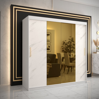 Designová šatní skříň se zlatým zrcadlem MADLA 1 - šířka 200 cm, bílá