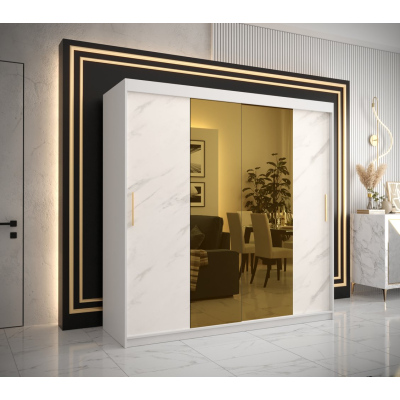 Designová šatní skříň se zlatým zrcadlem MADLA 1 - šířka 200 cm, bílá