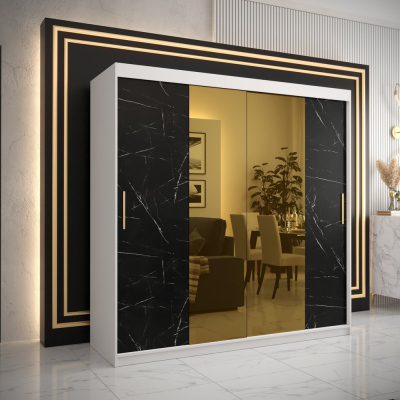 Designová šatní skříň se zlatým zrcadlem MADLA 1 - šířka 200 cm, bílá / černá