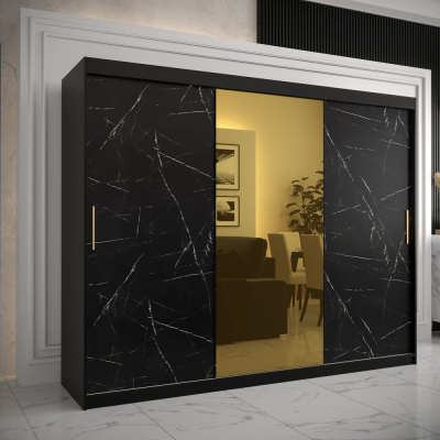 Designová šatní skříň se zlatým zrcadlem MADLA 1 - šířka 250 cm, černá