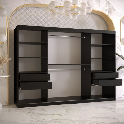 Designová šatní skříň se zlatým zrcadlem MADLA 1 - šířka 250 cm, černá / bílá