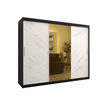 Designová šatní skříň se zlatým zrcadlem MADLA 1 - šířka 250 cm, černá / bílá