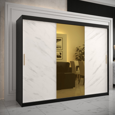 Designová šatní skříň se zlatým zrcadlem MADLA 1 - šířka 250 cm, černá / bílá