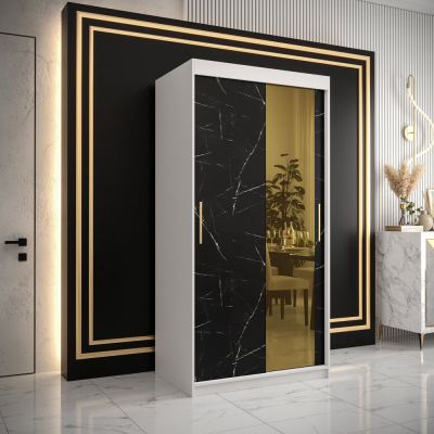 Designová šatní skříň se zlatým zrcadlem MADLA 2 - šířka 100 cm, bílá / černá