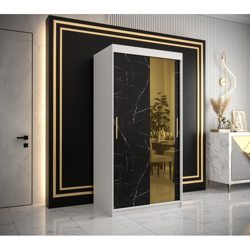 Designová šatní skříň se zlatým zrcadlem MADLA 2 - šířka 100 cm, bílá / černá