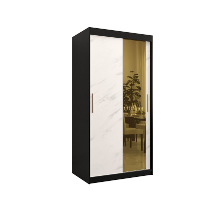 Designová šatní skříň se zlatým zrcadlem MADLA 2 - šířka 100 cm, černá / bílá