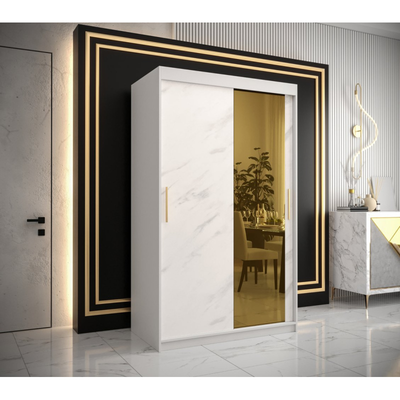Designová šatní skříň se zlatým zrcadlem MADLA 2 - šířka 120 cm, bílá