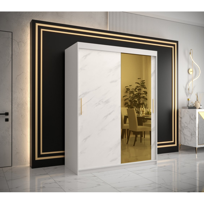 Designová šatní skříň se zlatým zrcadlem MADLA 2 - šířka 150 cm, bílá