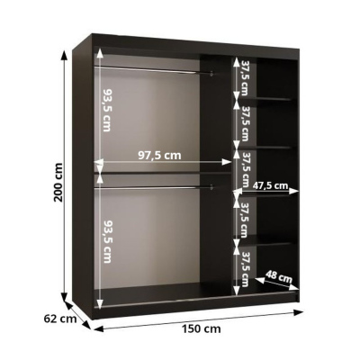 Designová šatní skříň se zlatým zrcadlem MADLA 2 - šířka 150 cm, černá / bílá