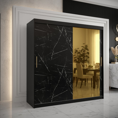 Designová šatní skříň se zlatým zrcadlem MADLA 2 - šířka 200 cm, černá