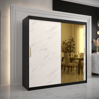 Designová šatní skříň se zlatým zrcadlem MADLA 2 - šířka 200 cm, černá / bílá