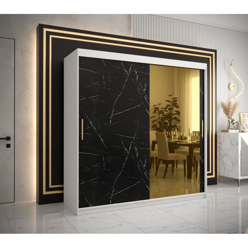 Designová šatní skříň se zlatým zrcadlem MADLA 2 - šířka 200 cm, bílá / černá