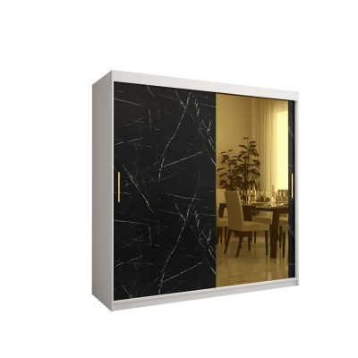 Designová šatní skříň se zlatým zrcadlem MADLA 2 - šířka 200 cm, bílá / černá