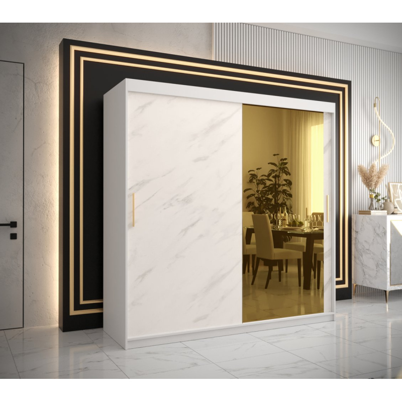 Designová šatní skříň se zlatým zrcadlem MADLA 2 - šířka 200 cm, bílá
