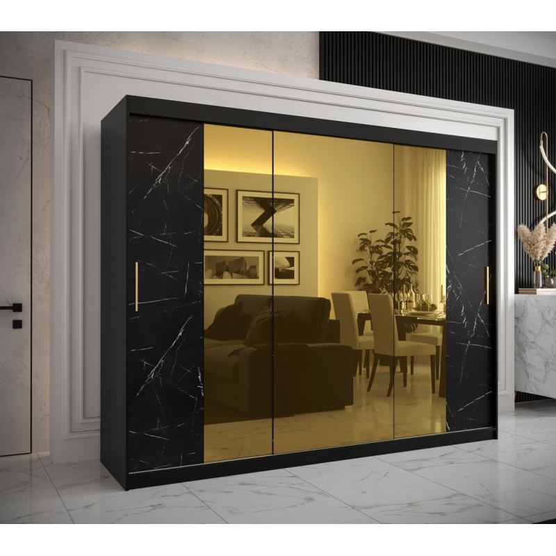 Designová šatní skříň se zlatým zrcadlem MADLA 2 - šířka 250 cm, černá