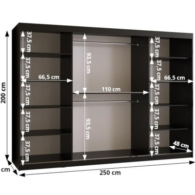 Designová šatní skříň se zlatým zrcadlem MADLA 2 - šířka 250 cm, černá / bílá