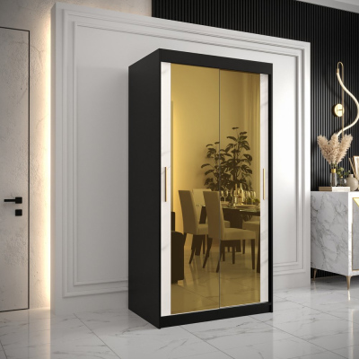 Designová šatní skříň se zlatým zrcadlem MADLA 3 - šířka 100 cm, černá / bílá