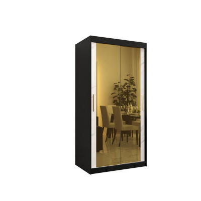 Designová šatní skříň se zlatým zrcadlem MADLA 3 - šířka 100 cm, černá / bílá