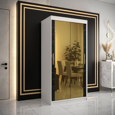 Designová šatní skříň se zlatým zrcadlem MADLA 3 - šířka 100 cm, bílá / černá