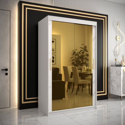 Designová šatní skříň se zlatým zrcadlem MADLA 3 - šířka 120 cm, bílá