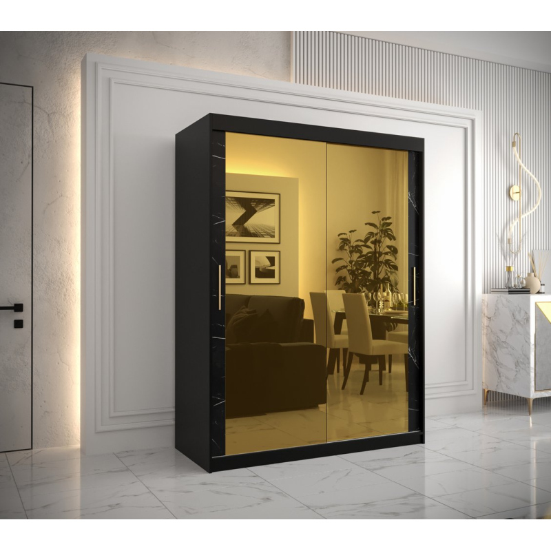 Designová šatní skříň se zlatým zrcadlem MADLA 3 - šířka 150 cm, černá