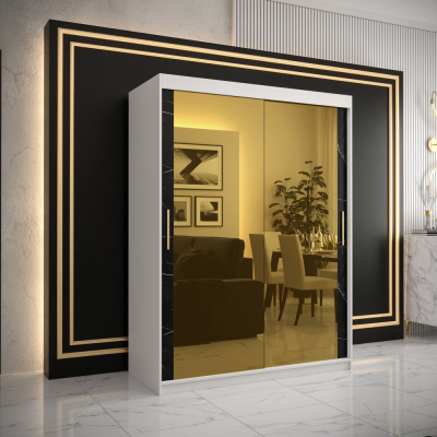 Designová šatní skříň se zlatým zrcadlem MADLA 3 - šířka 150 cm, bílá / černá