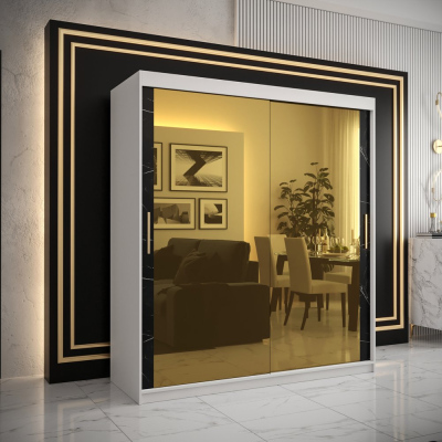 Designová šatní skříň se zlatým zrcadlem MADLA 3 - šířka 180 cm, bílá / černá